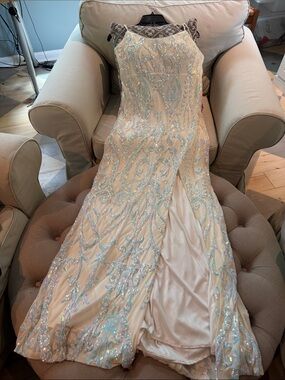 Betsy & Adam Ivory Prom Gown with Iridescent Blue Sequin Embroidery